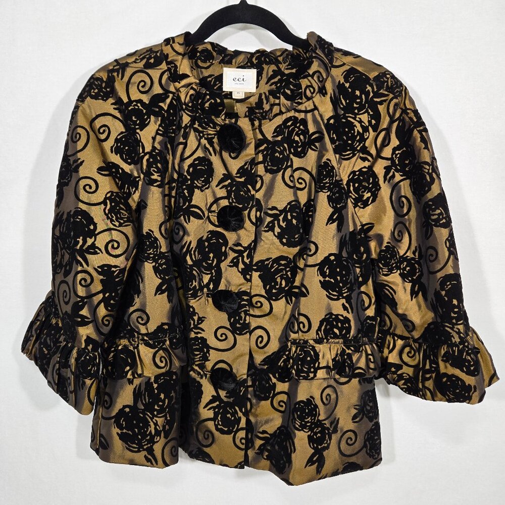 Dark-Coquette Gold Black Floral Velour Ruffled Crop Peplum Jacket Women Size 14.